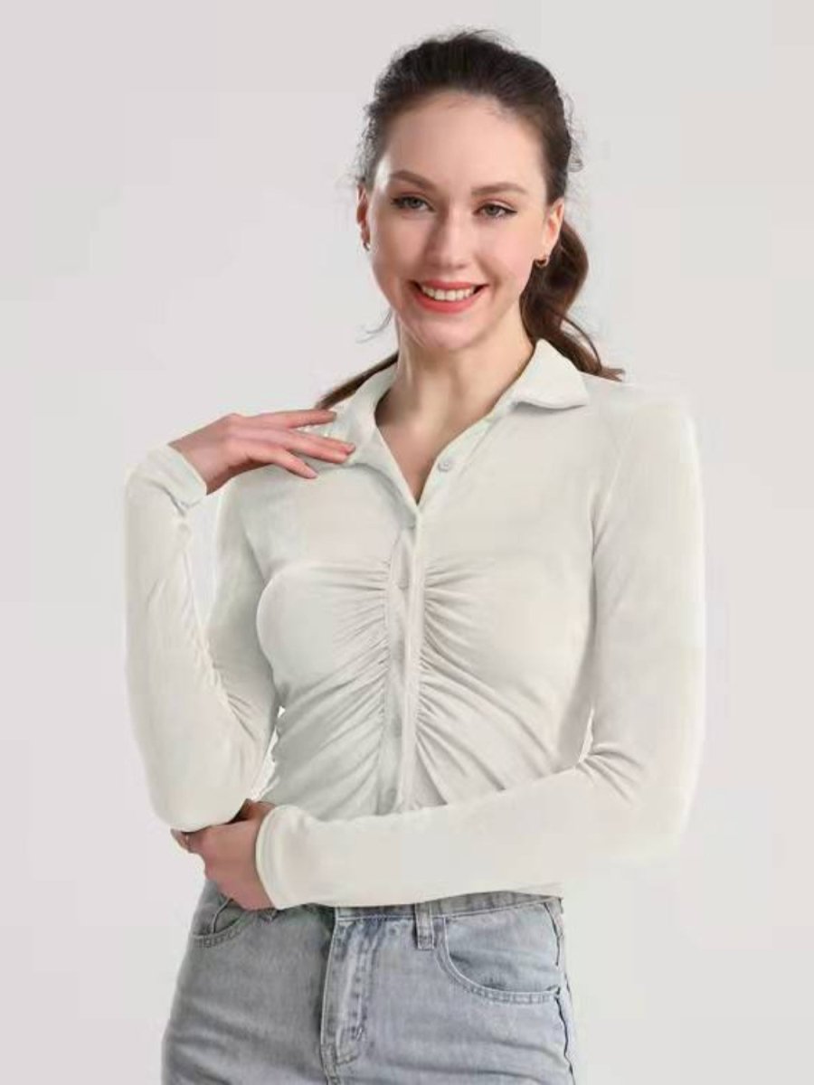 Ruched Button Up Long Sleeve T-Shirt - Top