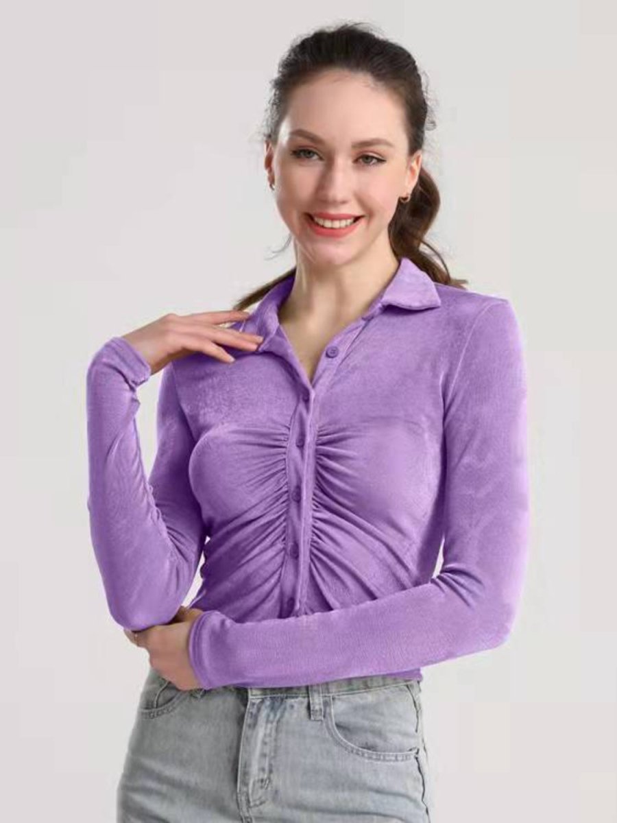 Ruched Button Up Long Sleeve T-Shirt - Top