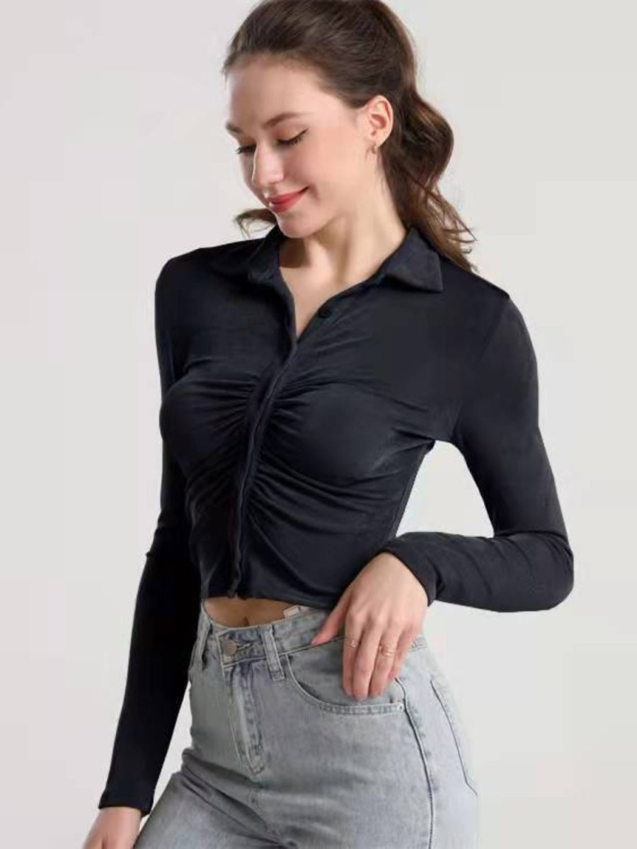 Ruched Button Up Long Sleeve T-Shirt - Top