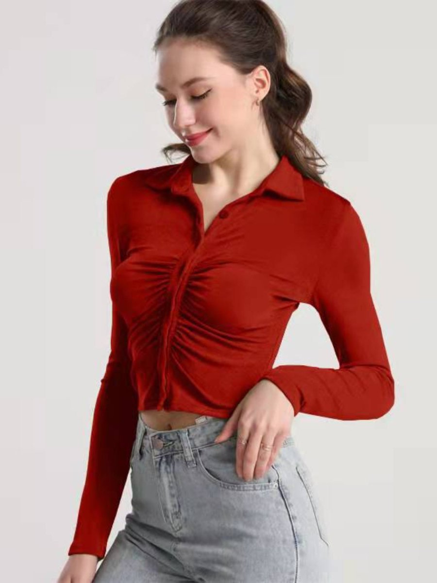 Ruched Button Up Long Sleeve T-Shirt - Top