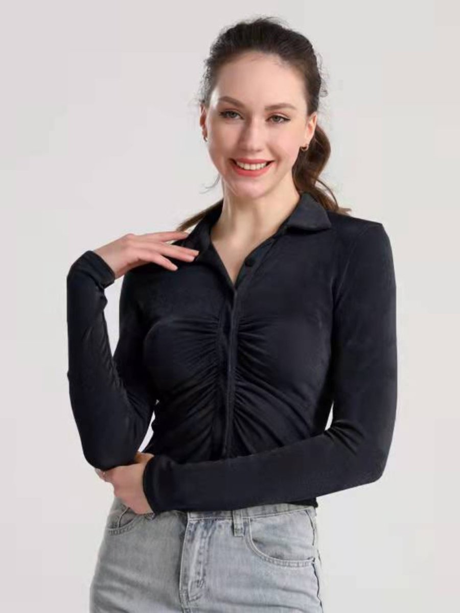 Ruched Button Up Long Sleeve T-Shirt - Top