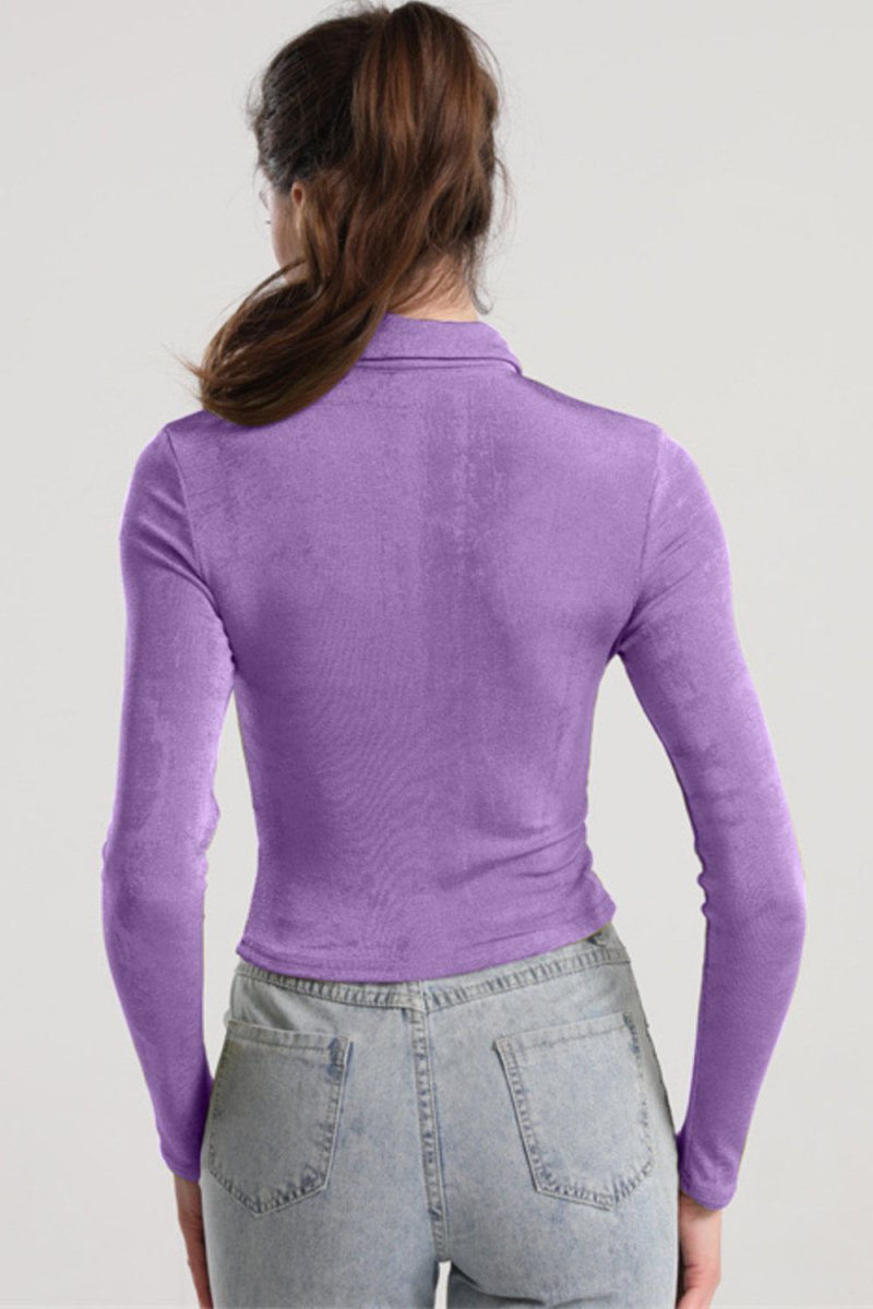 Ruched Button Up Long Sleeve T-Shirt - Top