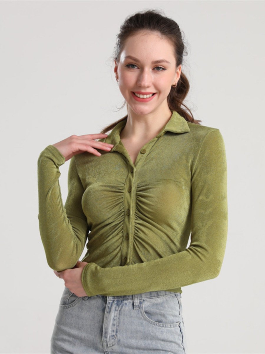 Ruched Button Up Long Sleeve T-Shirt - Top