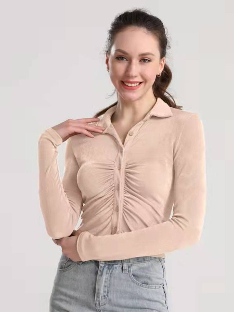 Ruched Button Up Long Sleeve T-Shirt - Top