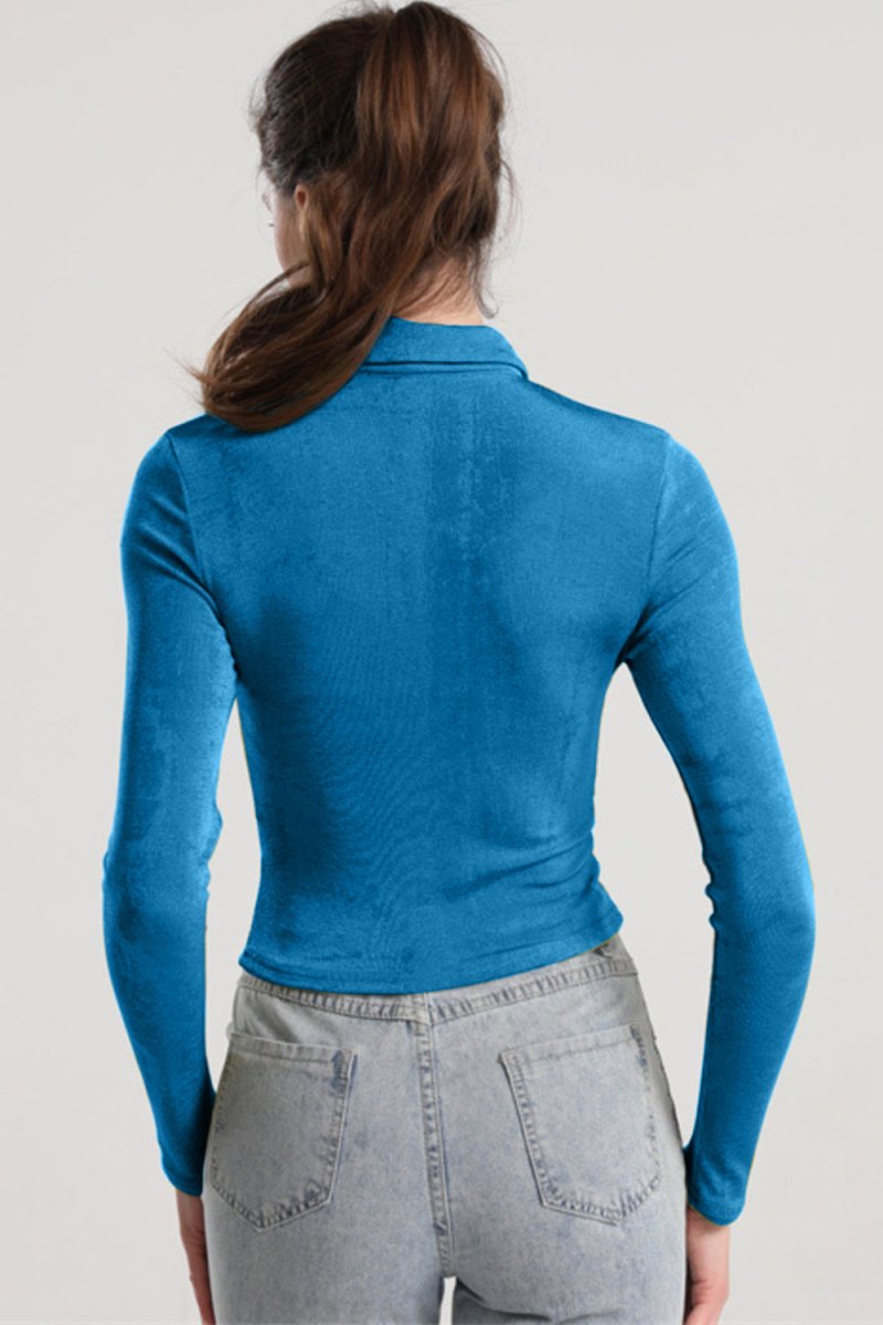 Ruched Button Up Long Sleeve T-Shirt - Top