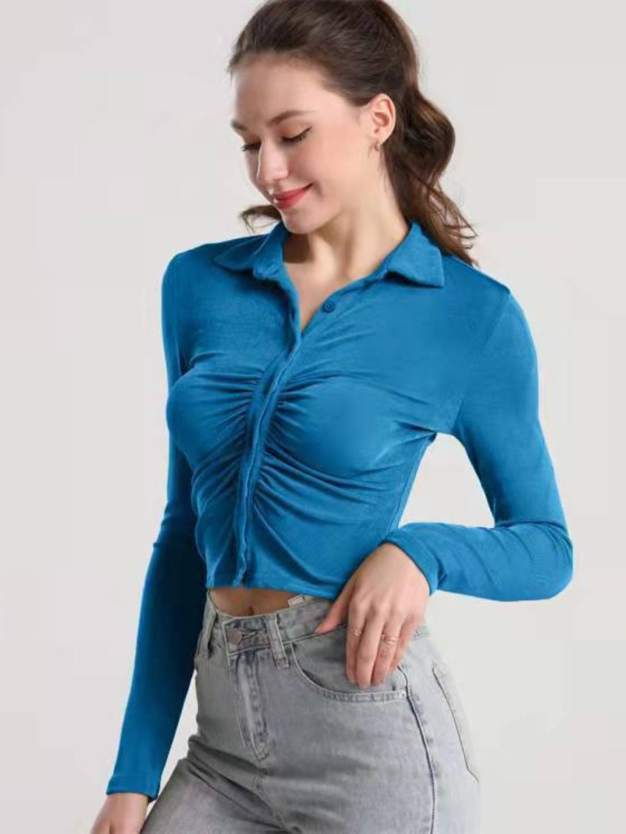 Ruched Button Up Long Sleeve T-Shirt - Top