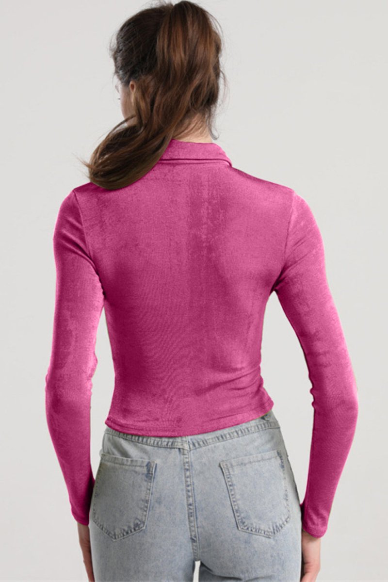 Ruched Button Up Long Sleeve T-Shirt - Top