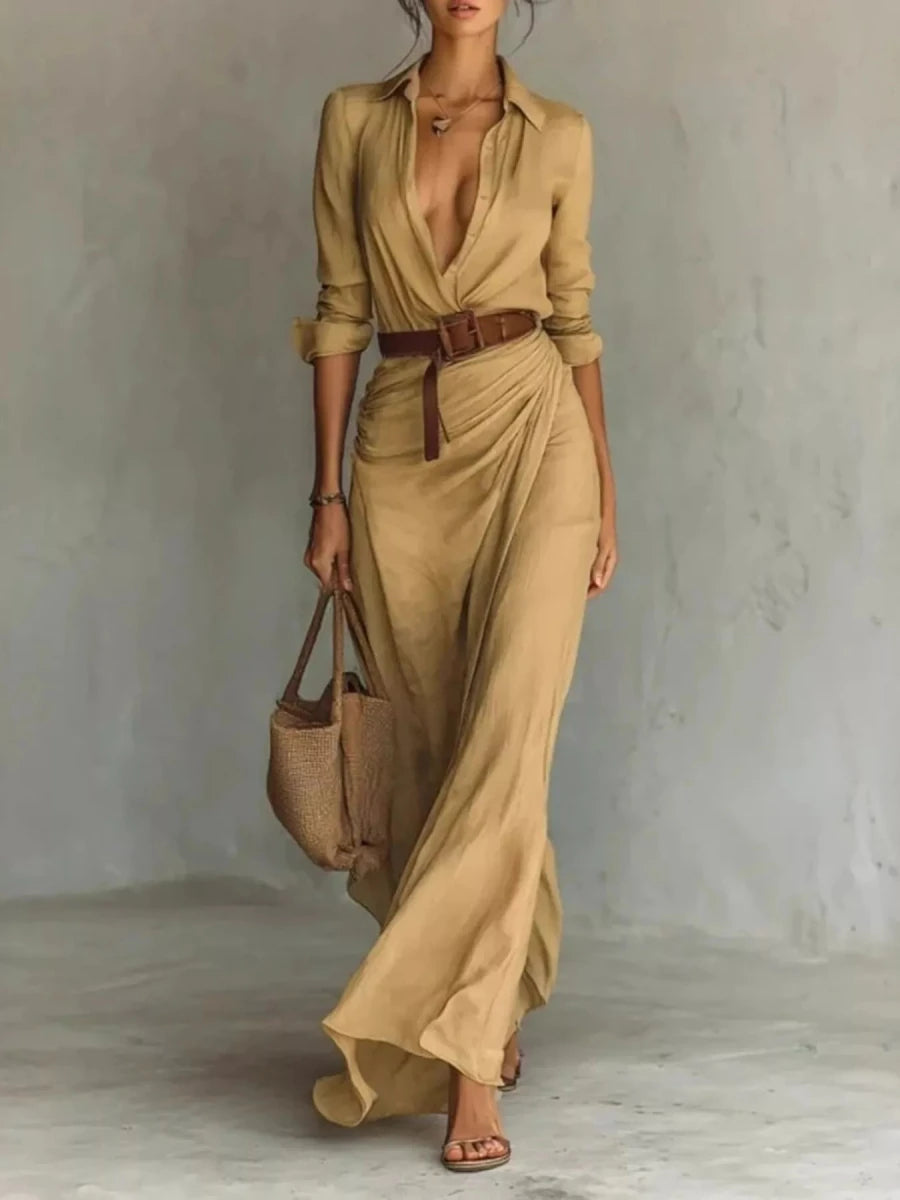 Ruched Long Sleeve Maxi Dress - 