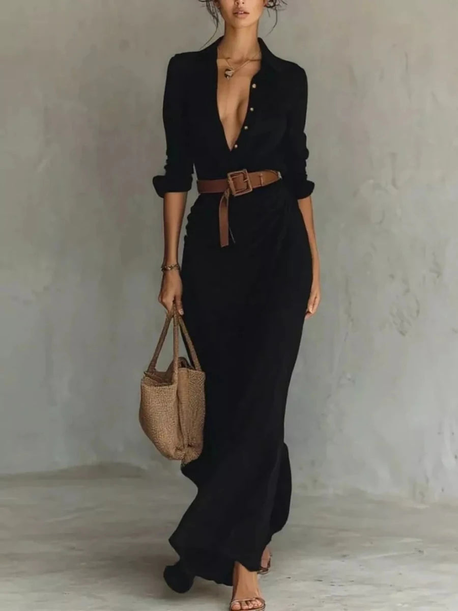 Ruched Long Sleeve Maxi Dress - 