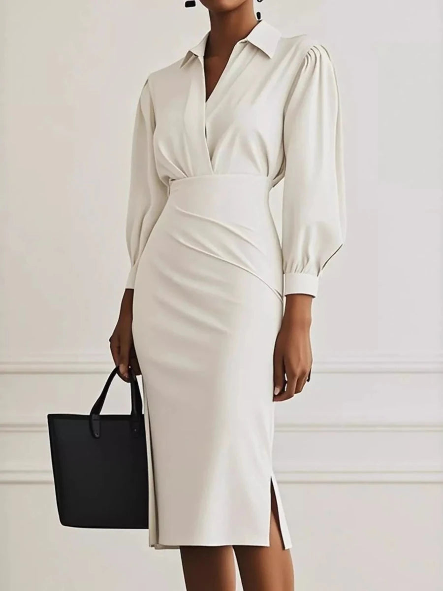 Ruched Midi Shirt Dress Side Slit - 