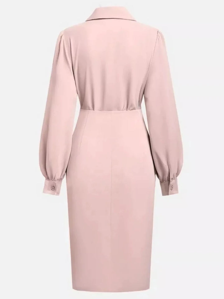 Ruched Midi Shirt Dress Side Slit - 
