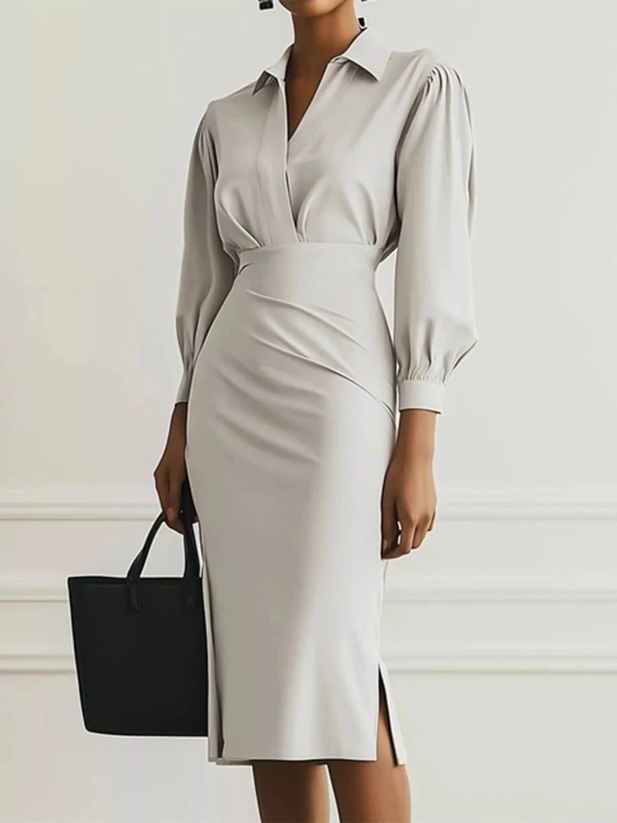 Ruched Midi Shirt Dress Side Slit - 