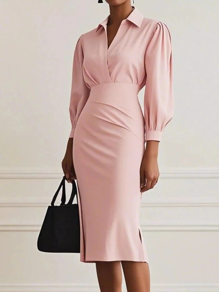 Ruched Midi Shirt Dress Side Slit - 