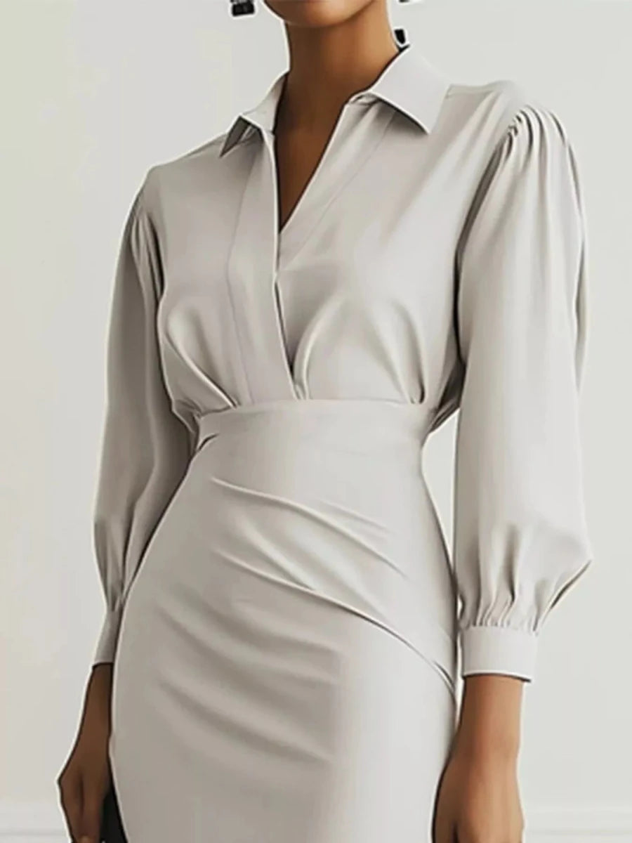 Ruched Midi Shirt Dress Side Slit - 