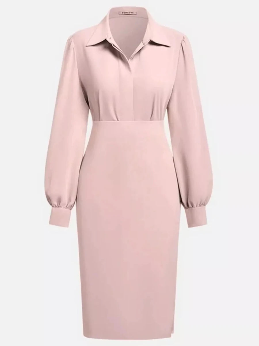 Ruched Midi Shirt Dress Side Slit - 
