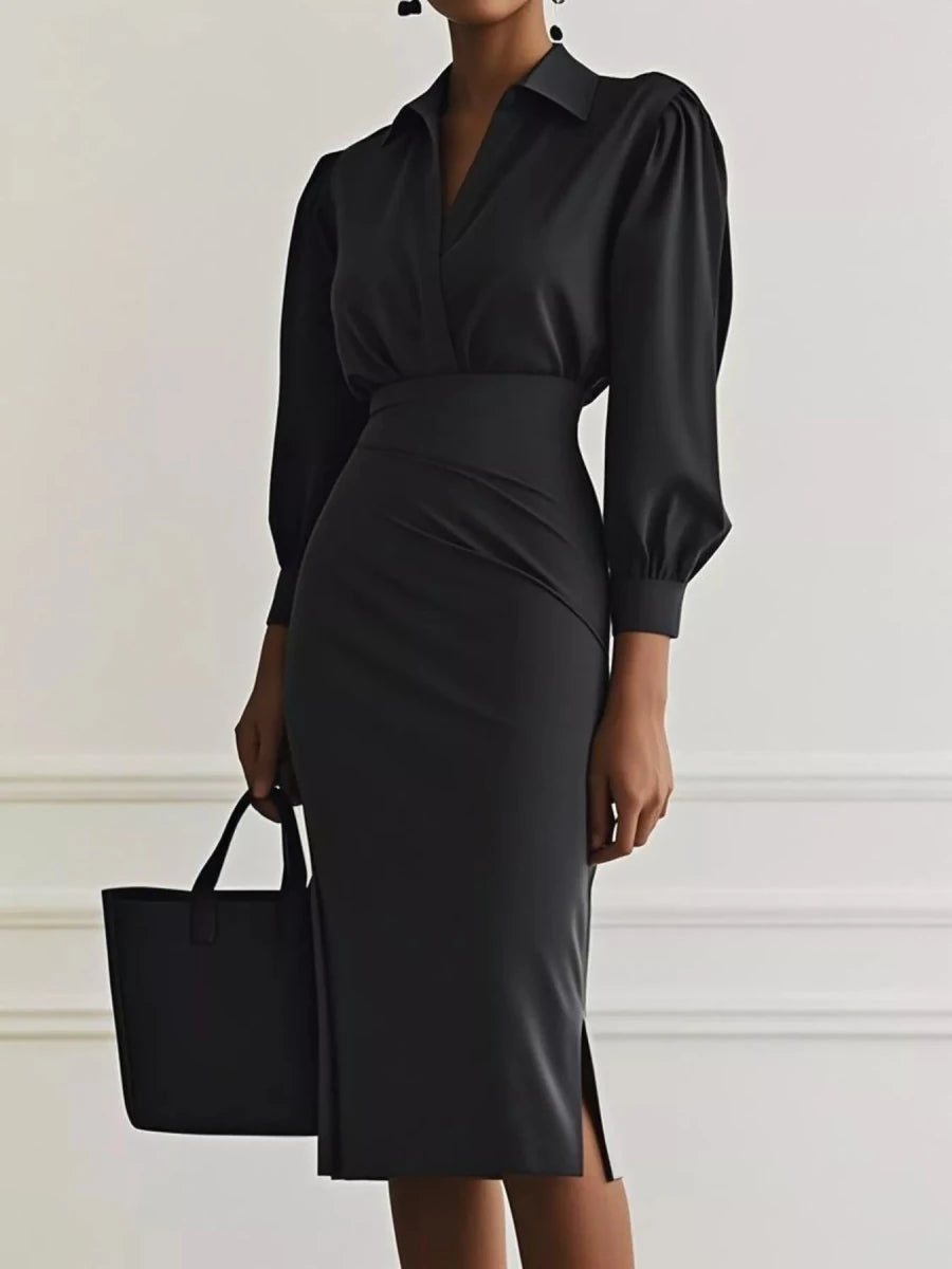 Ruched Midi Shirt Dress Side Slit - 