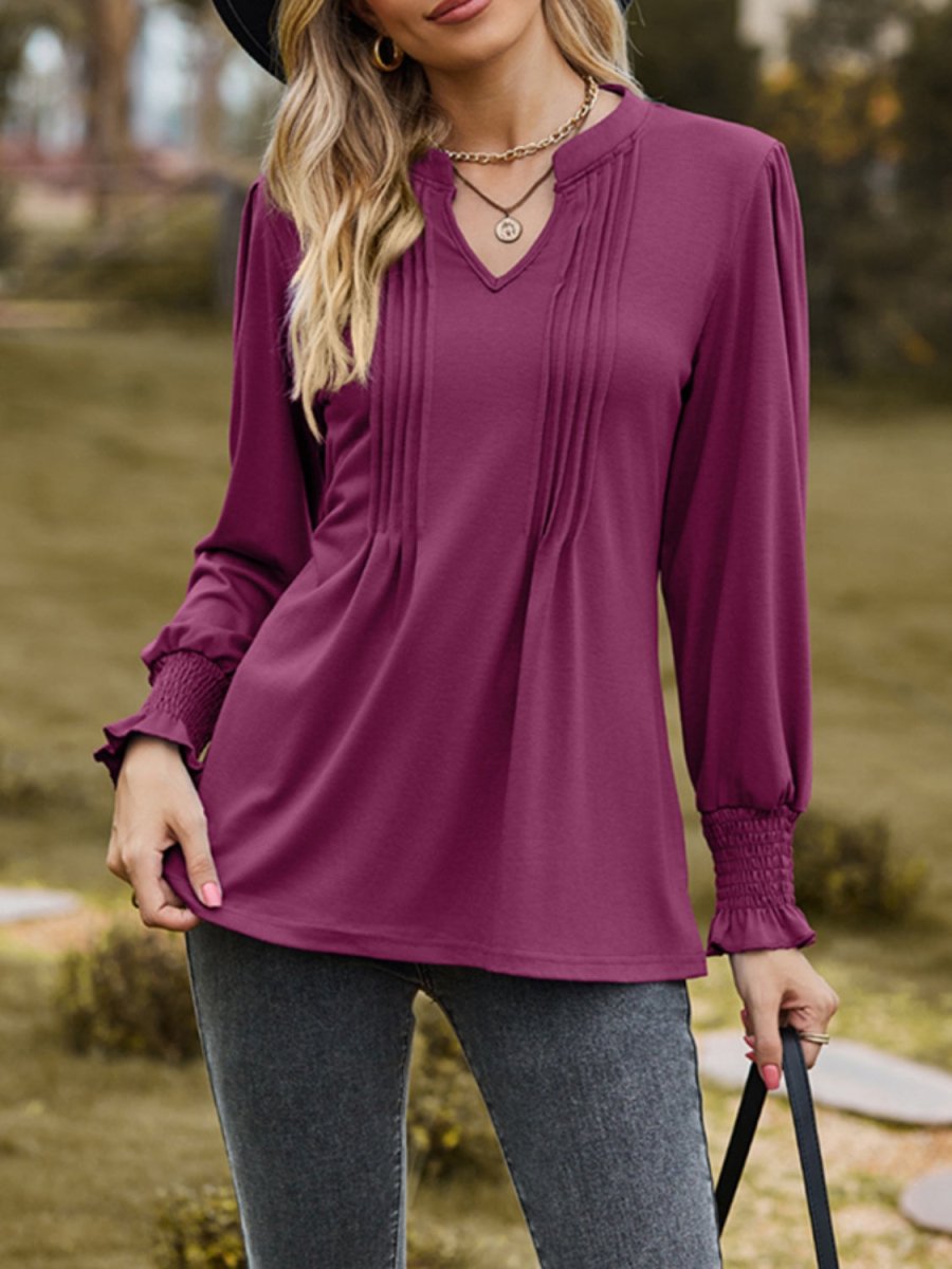 Ruched Notched Long Sleeve T-Shirt - Top