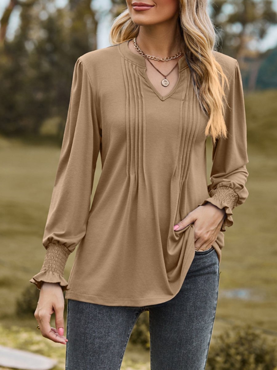 Ruched Notched Long Sleeve T-Shirt - Top