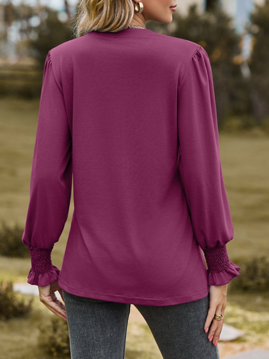 Ruched Notched Long Sleeve T-Shirt - Top