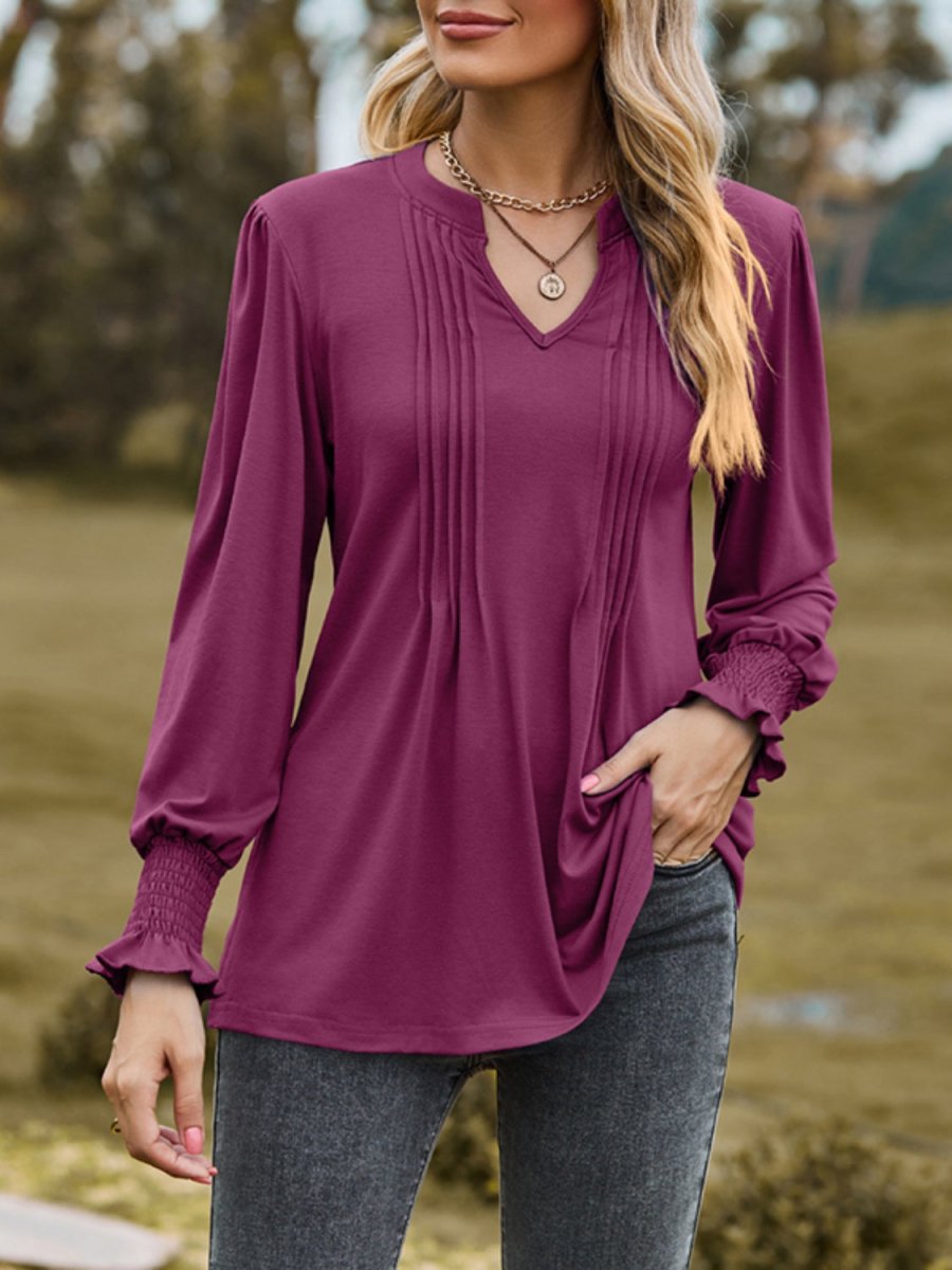 Ruched Notched Long Sleeve T-Shirt - Top