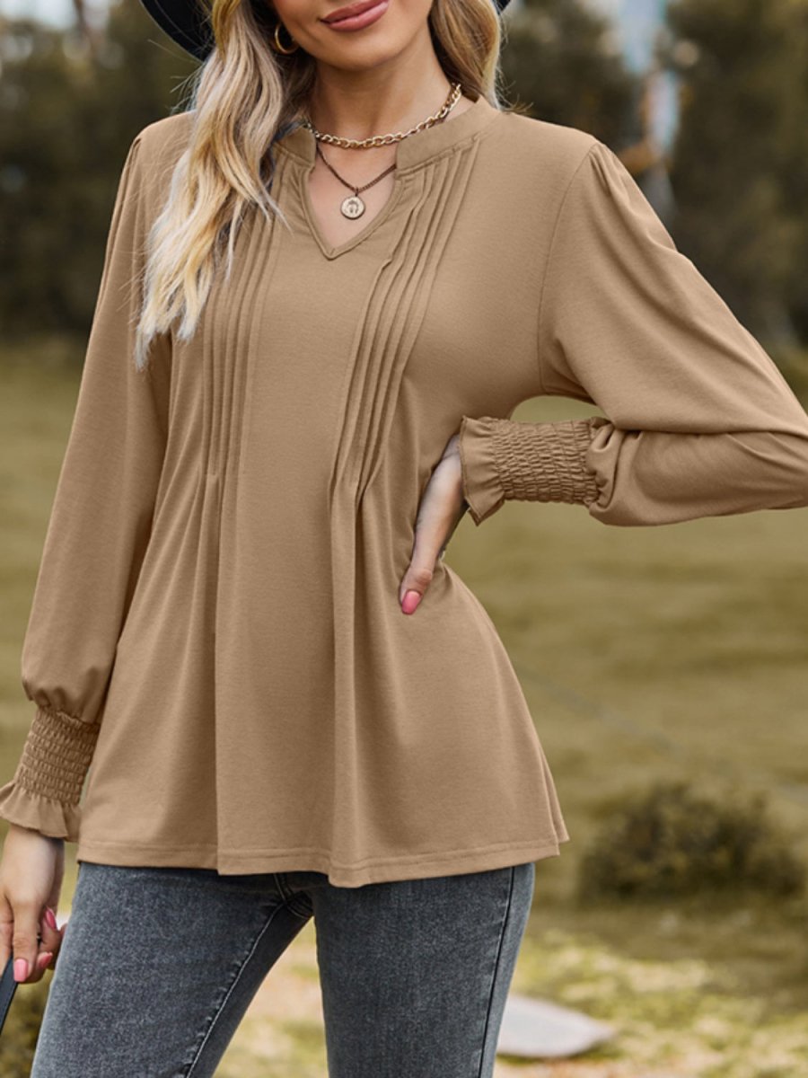 Ruched Notched Long Sleeve T-Shirt - Top