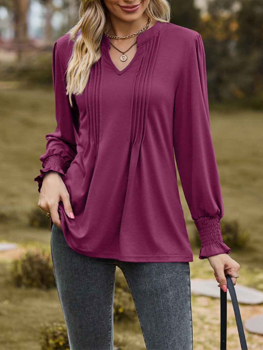 Ruched Notched Long Sleeve T-Shirt - Top