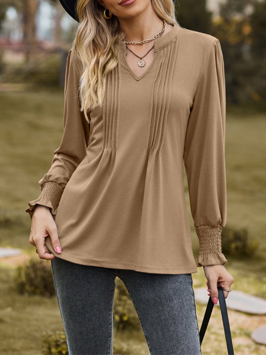 Ruched Notched Long Sleeve T-Shirt - Top