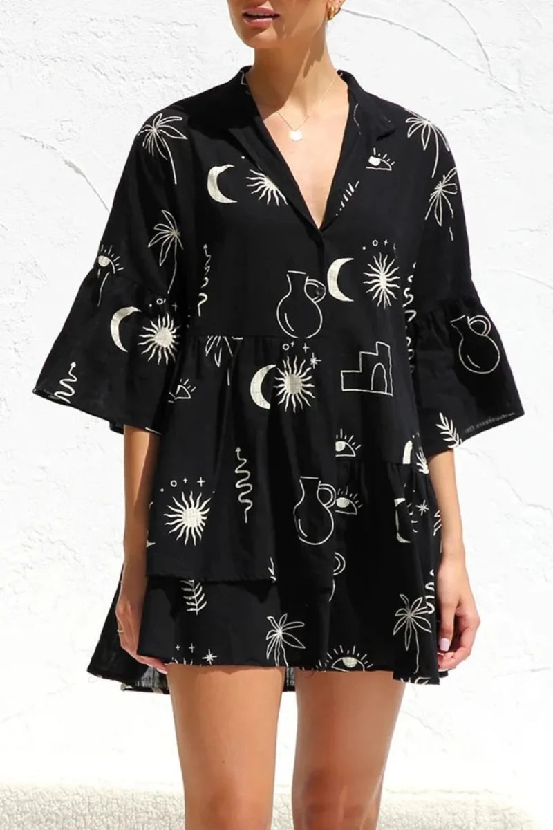 Ruched Printed Three - Quarter Sleeve Mini Dress - 