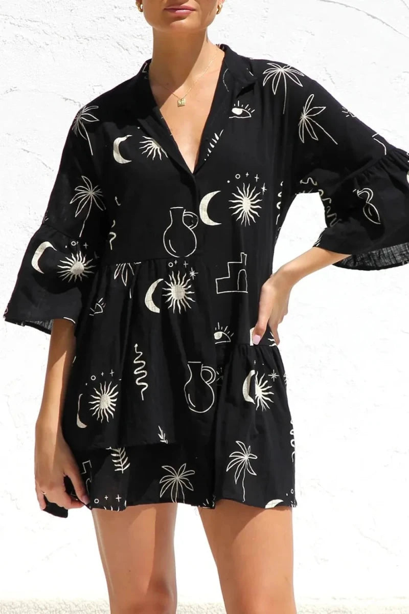 Ruched Printed Three - Quarter Sleeve Mini Dress - 