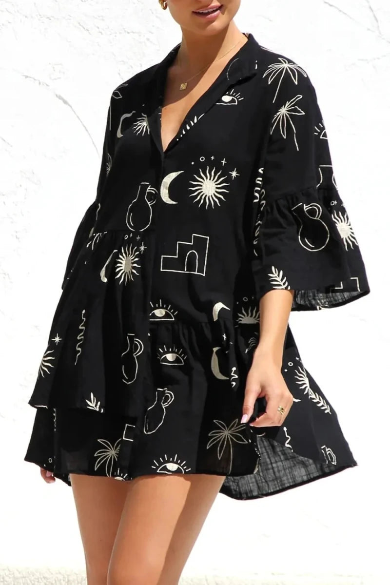 Ruched Printed Three - Quarter Sleeve Mini Dress - 