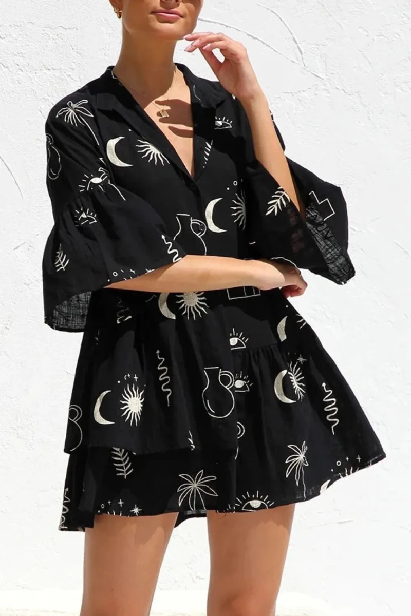 Ruched Printed Three - Quarter Sleeve Mini Dress - 