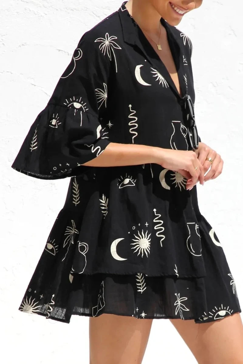 Ruched Printed Three - Quarter Sleeve Mini Dress - 