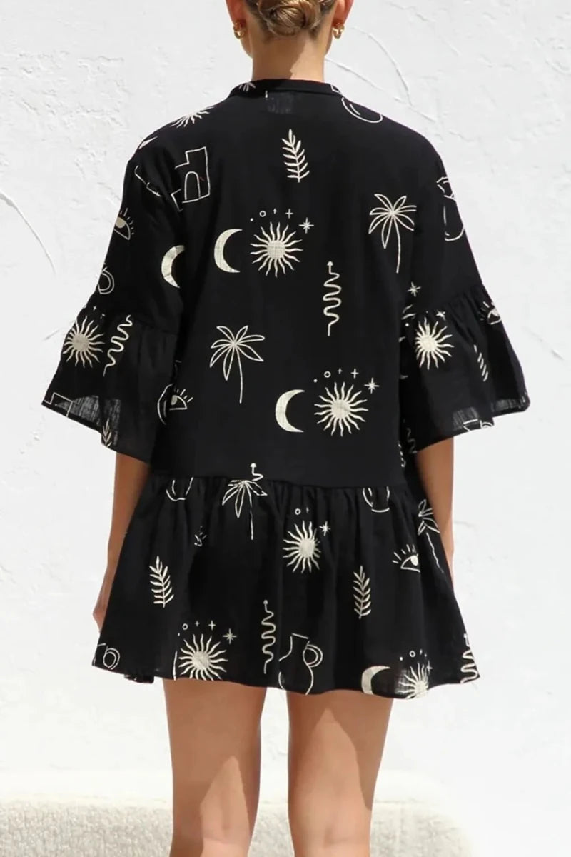 Ruched Printed Three - Quarter Sleeve Mini Dress - 