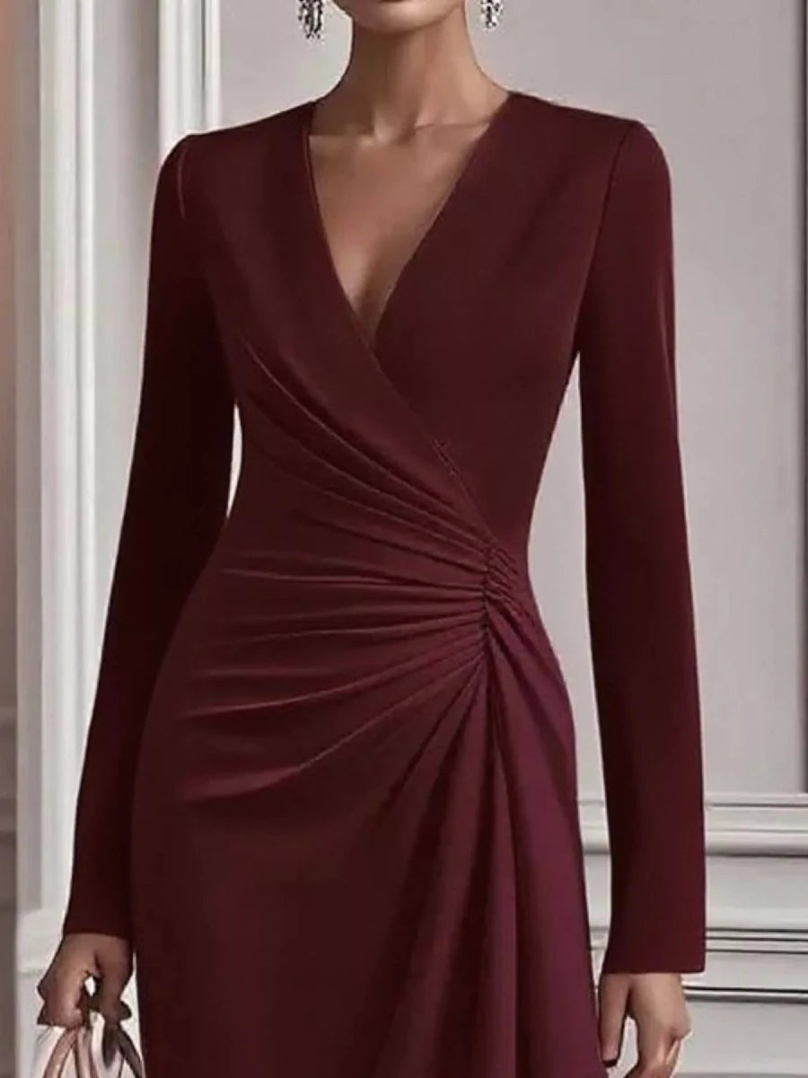 Ruched Surplice Long Sleeve Dress - 