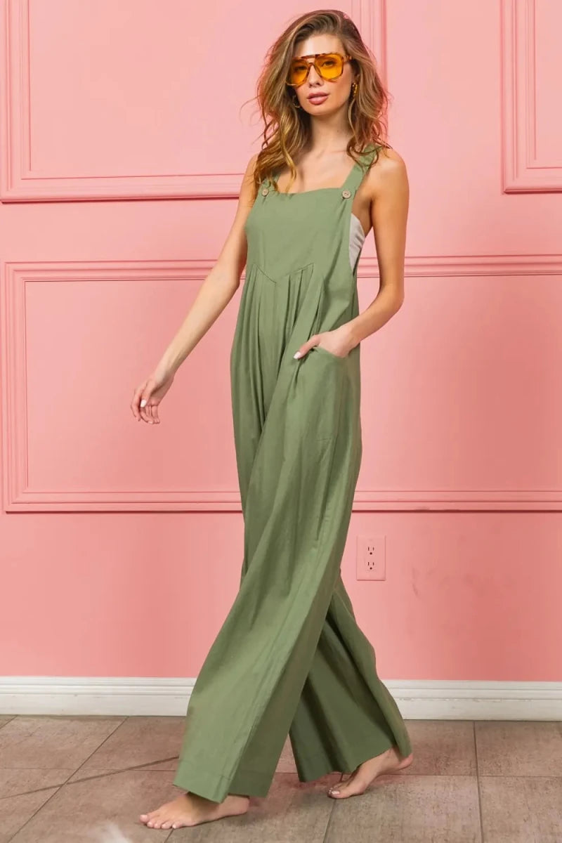 Ruched Wide Leg Cotton Linen Overalls - 