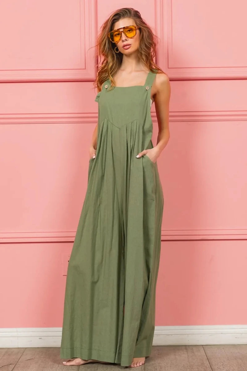 Ruched Wide Leg Cotton Linen Overalls - 