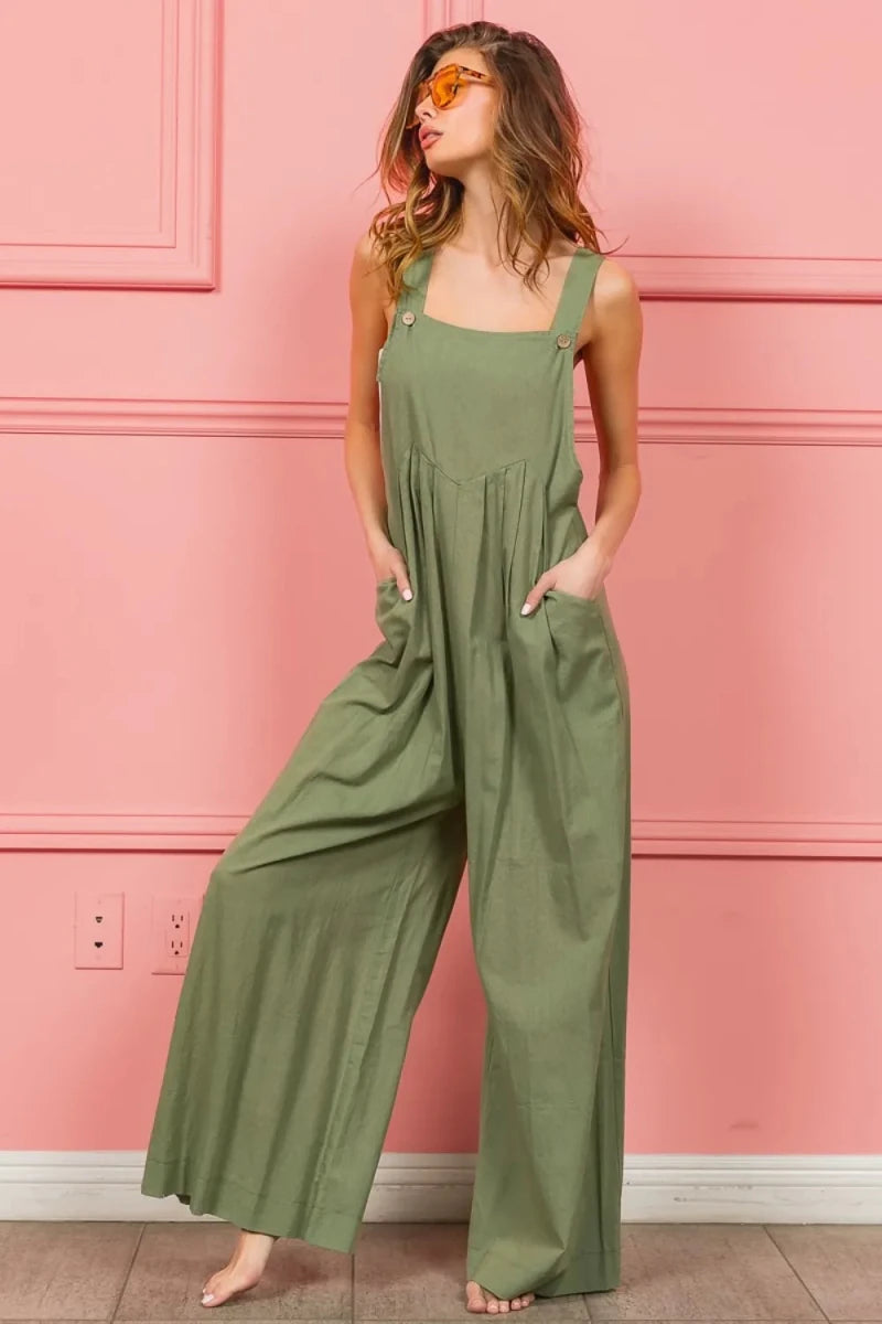Ruched Wide Leg Cotton Linen Overalls - 