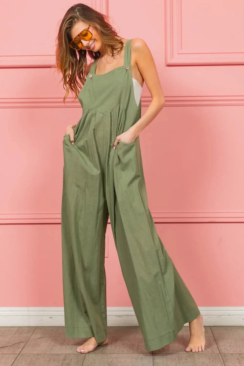 Ruched Wide Leg Cotton Linen Overalls - 