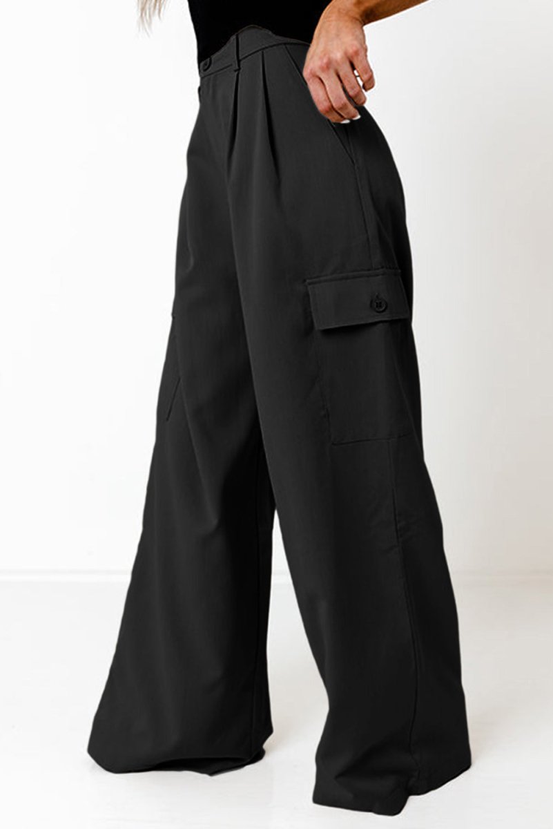 Ruched Wide Leg Pants with Pockets - Bottoms