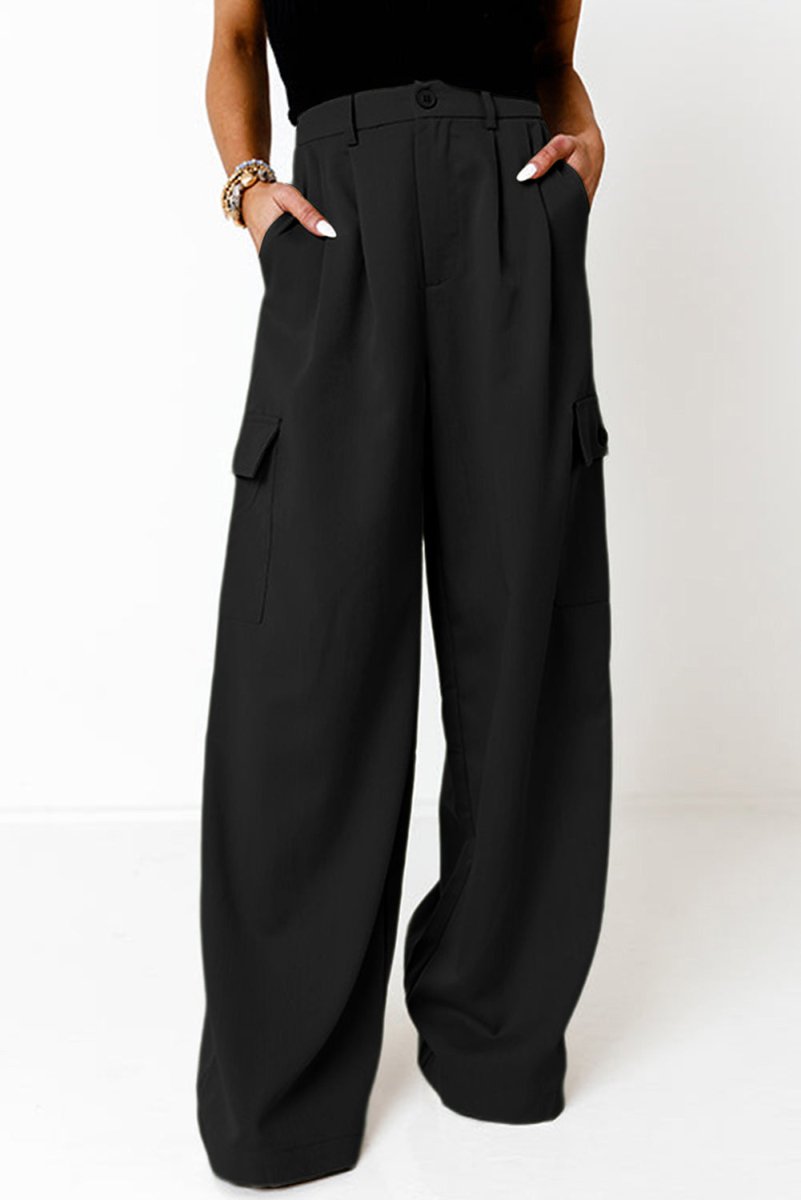 Ruched Wide Leg Pants with Pockets - Bottoms