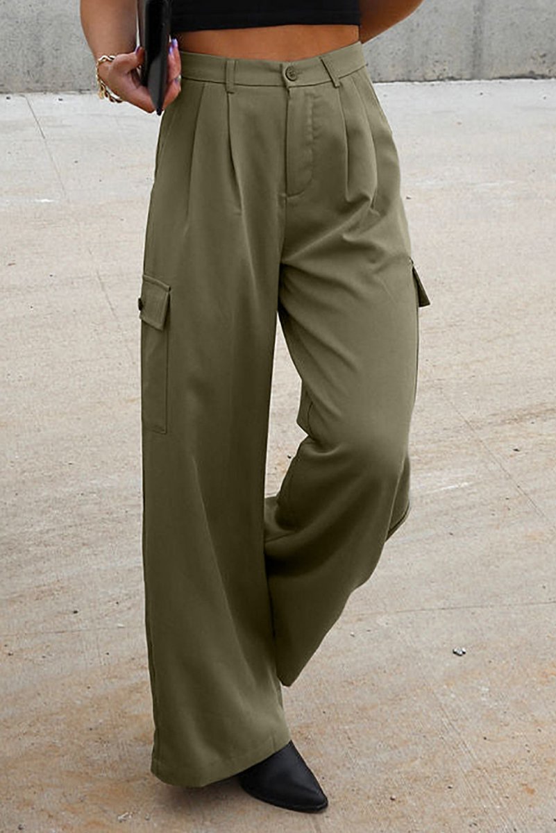 Ruched Wide Leg Pants with Pockets - Bottoms