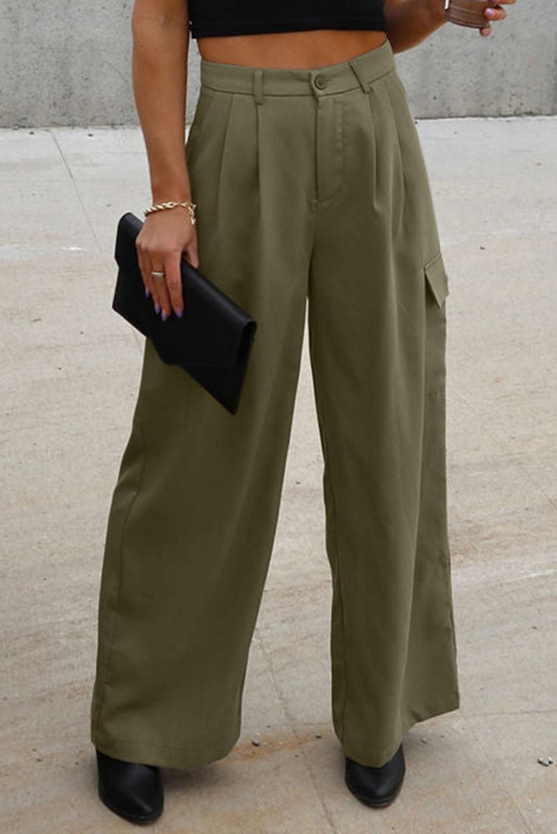 Ruched Wide Leg Pants with Pockets - Bottoms