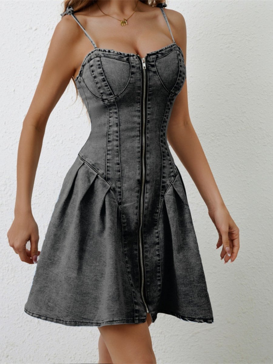 Ruched Zip Up Spaghetti Strap Denim Dress - Denim Dress