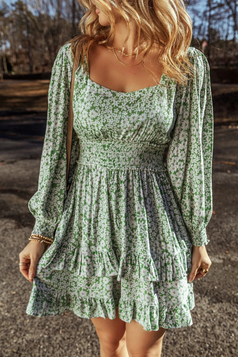 Ruffle Hem Floral Square Neck Long Sleeve Dress - Casual Dress
