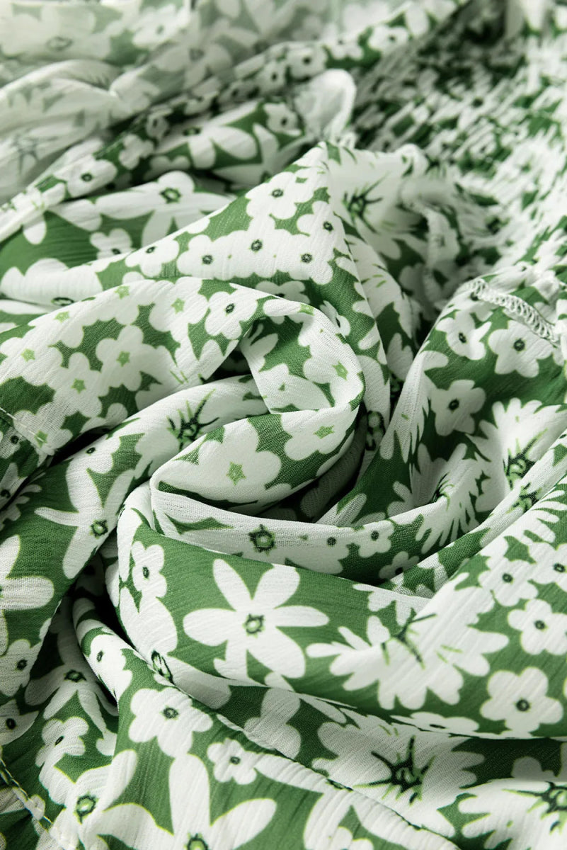 Ruffle Hem Floral Square Neck Long Sleeve Dress - Casual Dress