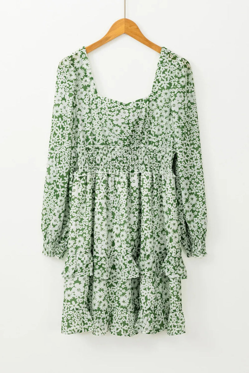 Ruffle Hem Floral Square Neck Long Sleeve Dress - Casual Dress