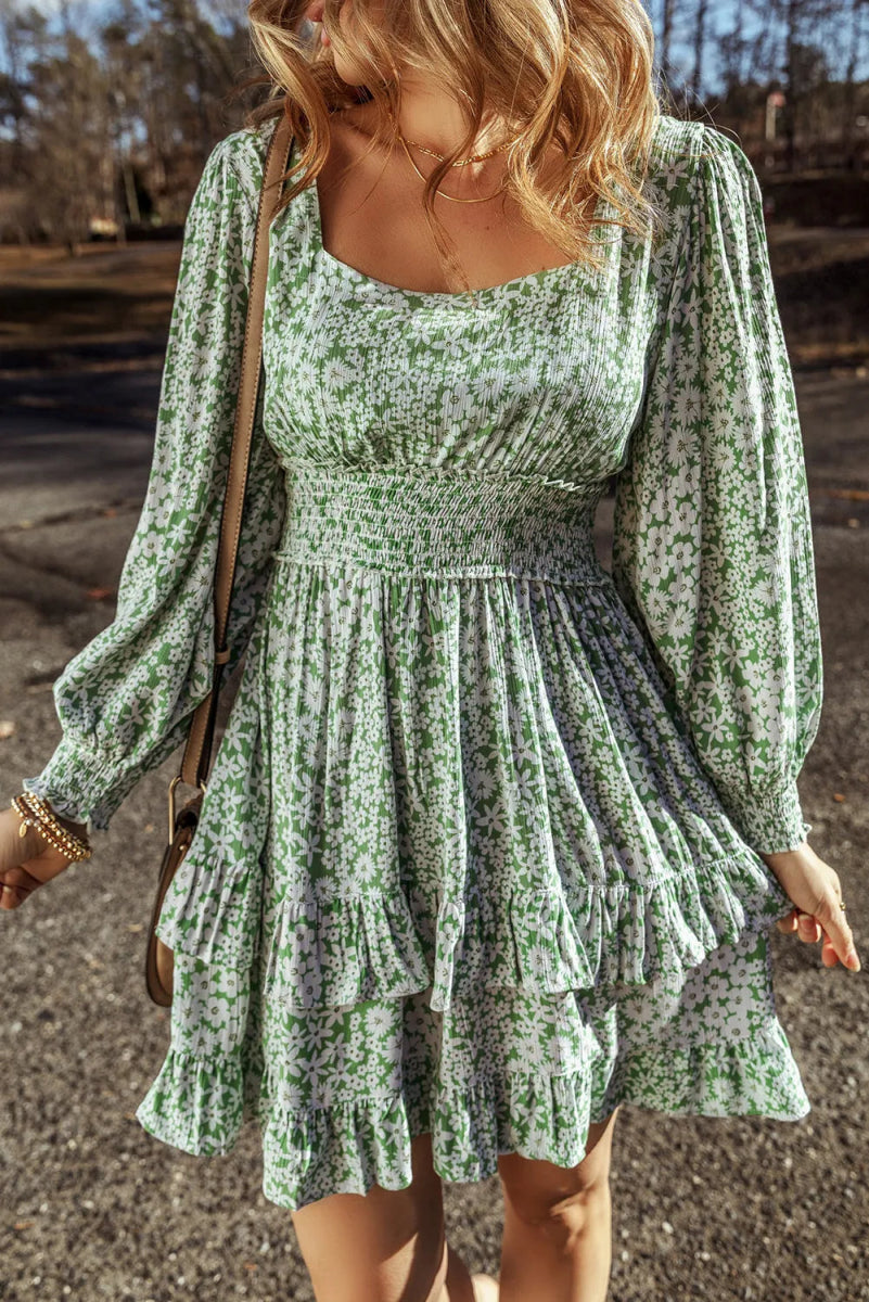 Ruffle Hem Floral Square Neck Long Sleeve Dress - Casual Dress