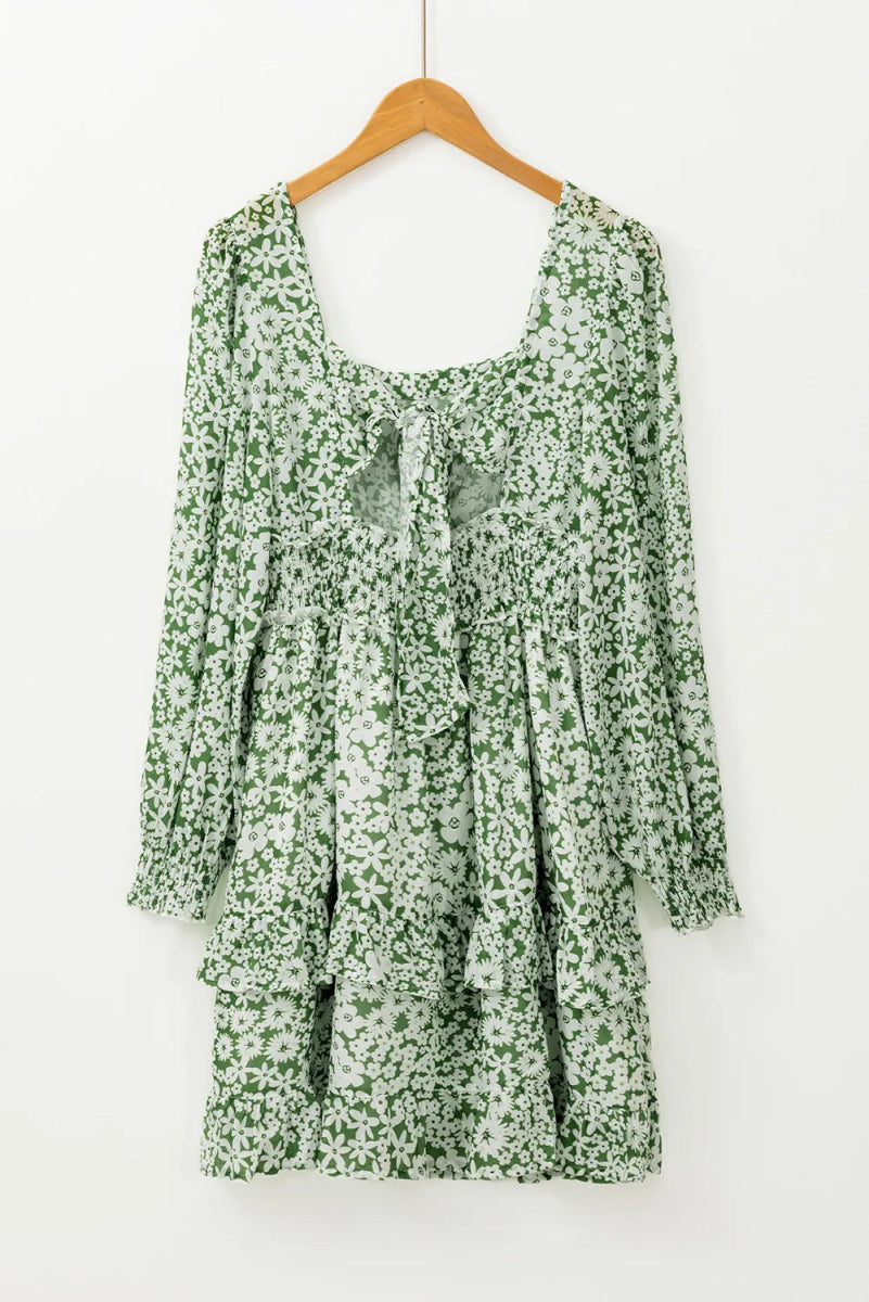 Ruffle Hem Floral Square Neck Long Sleeve Dress - Casual Dress
