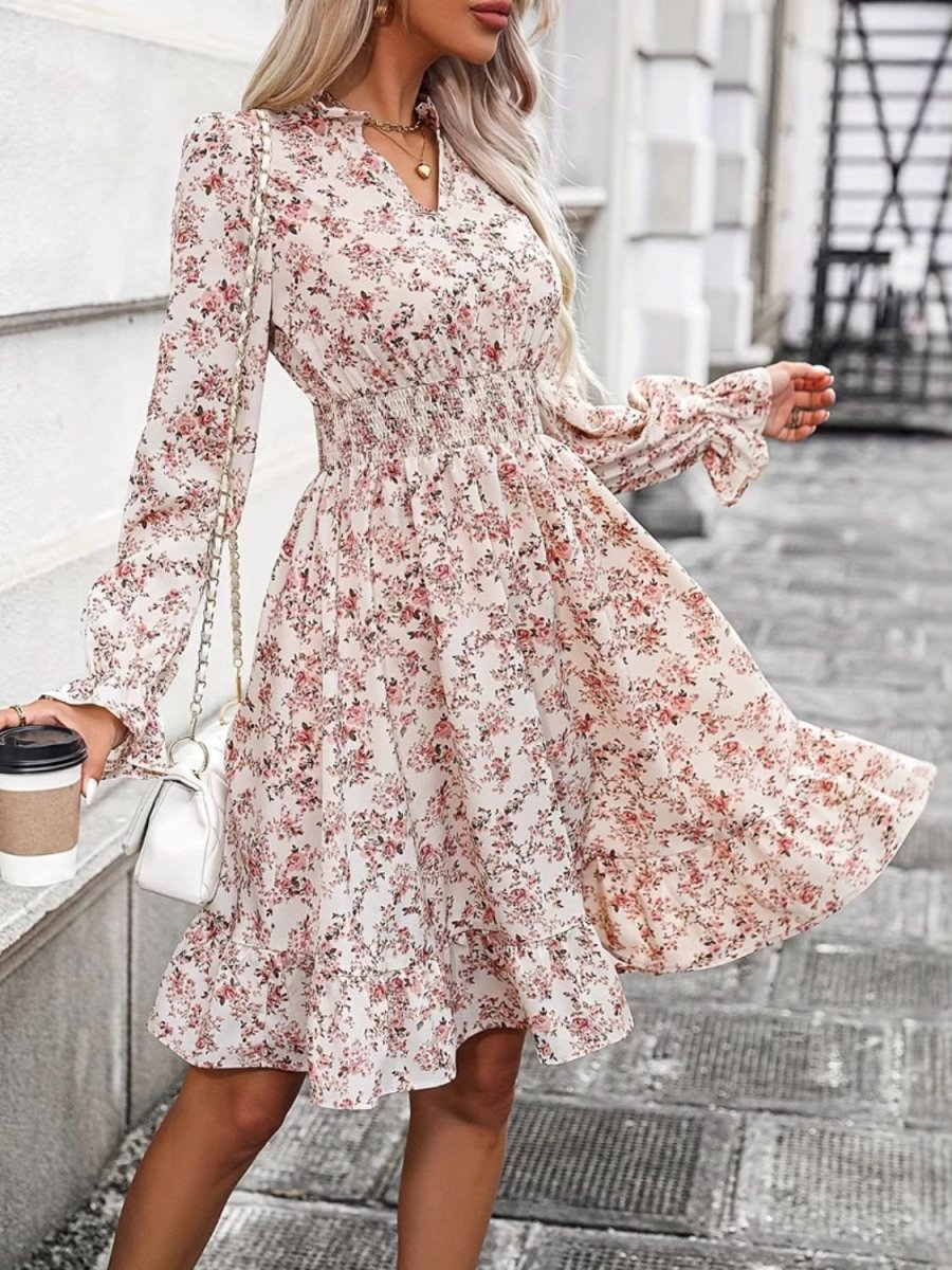 Ruffle Hem Floral Surplice Long Sleeve Dress - Day Dress