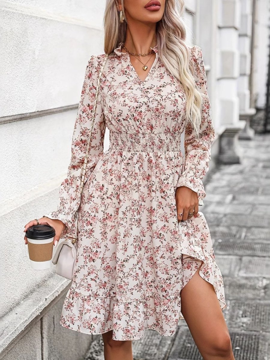 Ruffle Hem Floral Surplice Long Sleeve Dress - Day Dress
